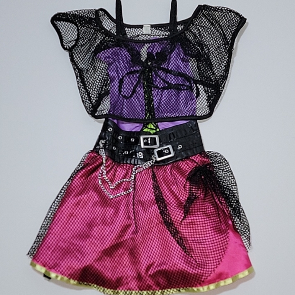 Amscan Girls 80s Punk Rock Costume Dress Fishnet Purple Pink Belted Halloween OS - Picture 4 of 9